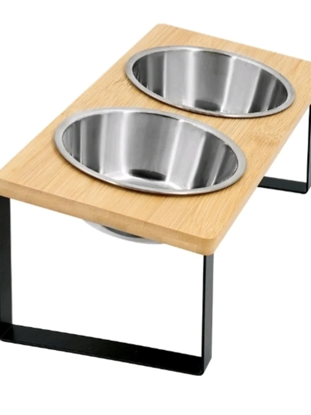 Adjustable Raised Pet Feeder with Stainless Steel Bowls - Silver & Natural Wood